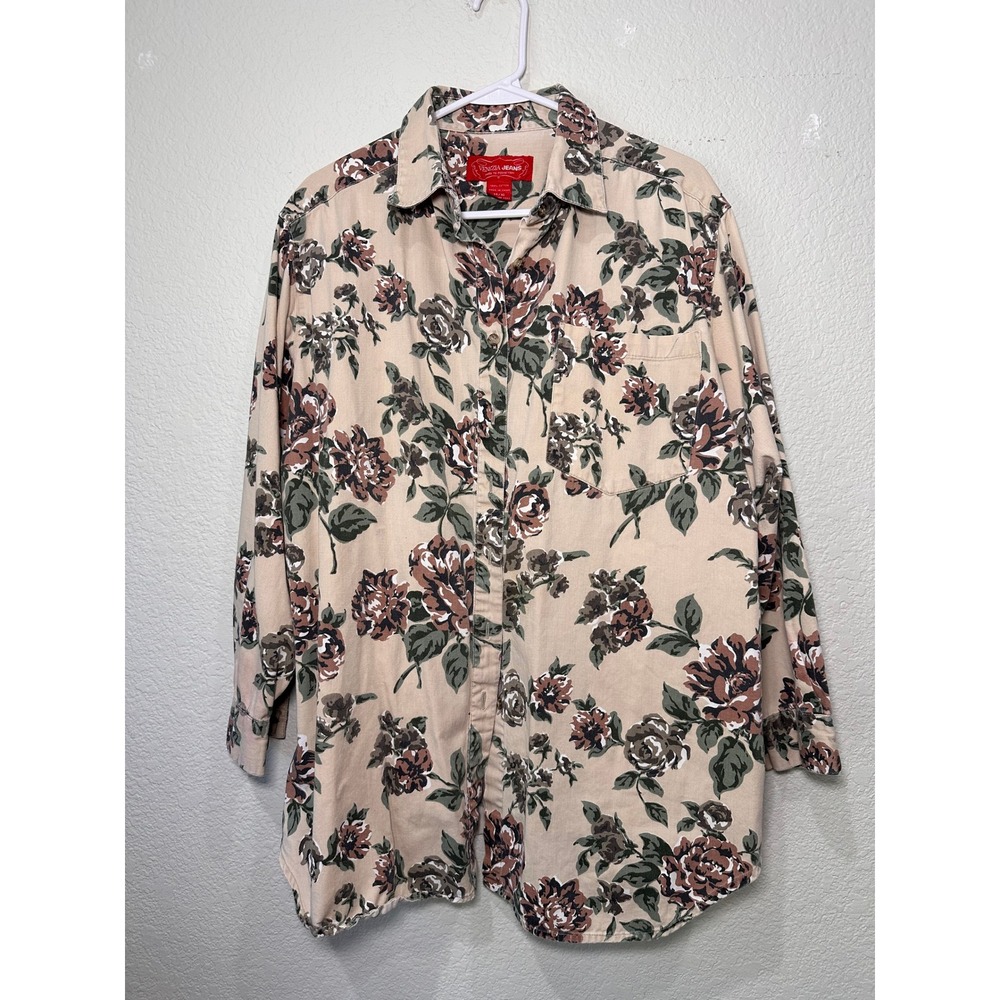 Venezia Jeans Floral Rose Print Cotton Button Down Shirt Tan Brown Women 14/16
